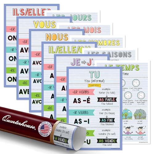 Quarterhouse 11 Poster French Verbs and Beginner Vocabulary (Set B) Set, French Classroom Learning Materials for Pre-K and K-12 Students and Teachers, 12 x 18 Inches, Made in USA