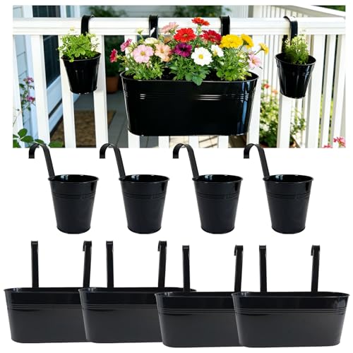 8 Pack Mixed Size Metal Fence Planters Set with Detachable Hooks, Black