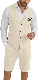 Mens Linen Suit 2 Piece Short Suits for Men Casual Summer Beach Groom Wedding Suit Linen Vest Shorts Set