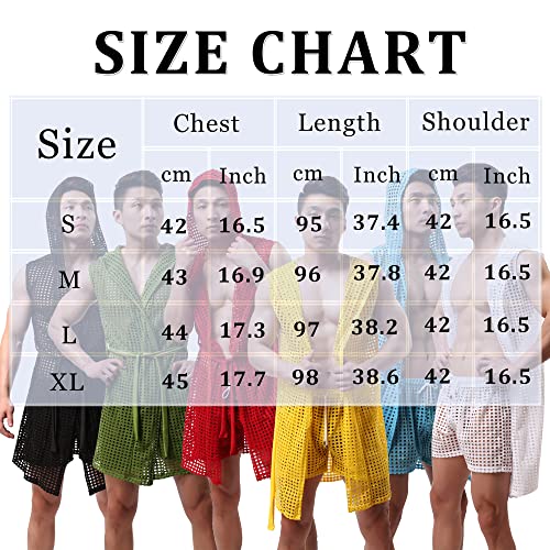 Yoobng Men's Mesh Fishnet Robes Hooded Short Sleeveless Bathrobes Nightwear Black Medium-Large #TOP4