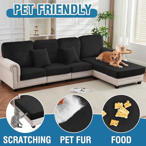 Image of Couch Cover 3-Piece Elastic Velvet Couch Cushion Covers & Chaise Slipcovers for L-Shaped Sofas, Sofa Seat Covers Washable, Soft Cover for Couches (2 Seater + Chaise, Black)