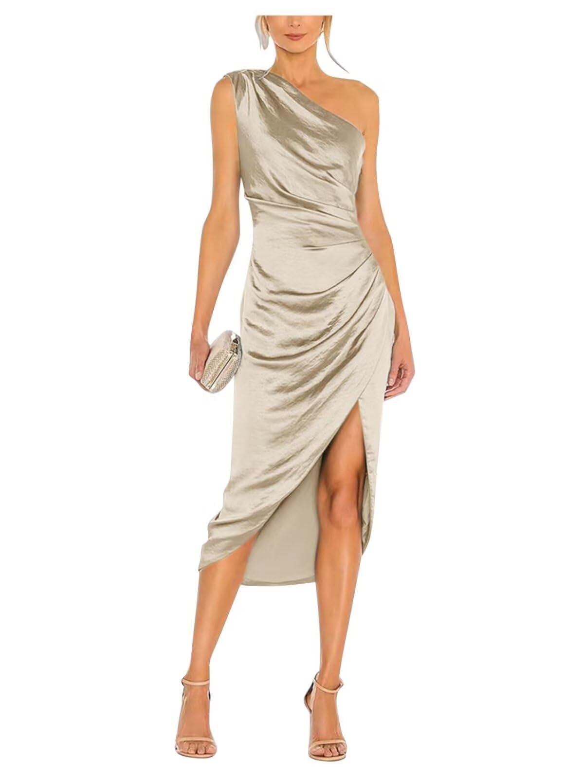 Satin Bridesmaid Dresses for Women One Shoulder Prom Dress Pleated Midi Formal Cocktail Gown Wedding Guest Dress with Slit