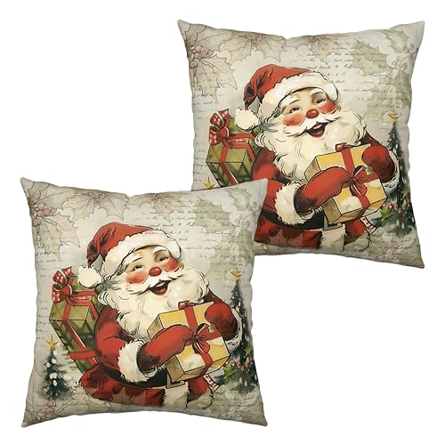 Kwlegh Rustic Christmas Pillow Covers 22x22 Retro Santa Pillows Case Xmas Farmhouse Throw Pillow Covers Vintage Santa Claus Cushion Case for Home Holiday Decorations 2 Pack
