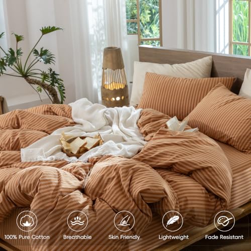 Image of MooMee Striped Duvet Cover Set 100% Washed Cotton Linen Like Queen | Relaxed Linen-like Texture. Soft, Breathable & Long-lasting Comfort. Lightweight. Hidden Zipper with 8 Interior Corner Ties