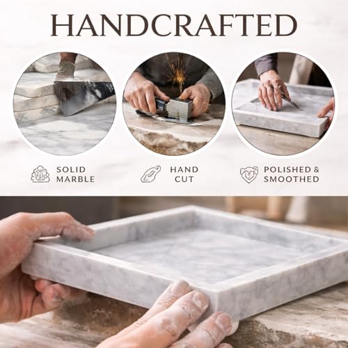 KC KULLICRAFT Natural White Marble Tray for Bathroom | Kitchen | Vanity | Desktop, Stone Organizer for Coffee Table, Dresser, Nightstand, Candles, Soap, Towel, Plant, Jewelry (12" x 8"), Rectangular