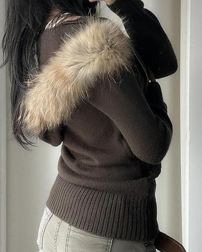 CORIRESHA Women's Vintage Faux Fur Trim Hoodie Sweater Zip Up Cable Knit Slim Y2k Cardigan3
