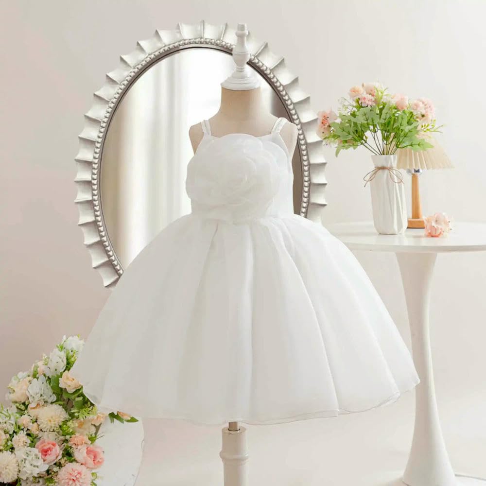 SYJYM Vestidos Casuales con Lazo 3D para niñas, tutú con Tirantes, Vestido de Fiesta Infantil, Rosa y Blanco, Vestidos de Princesa para niñas de 1 a 7 años