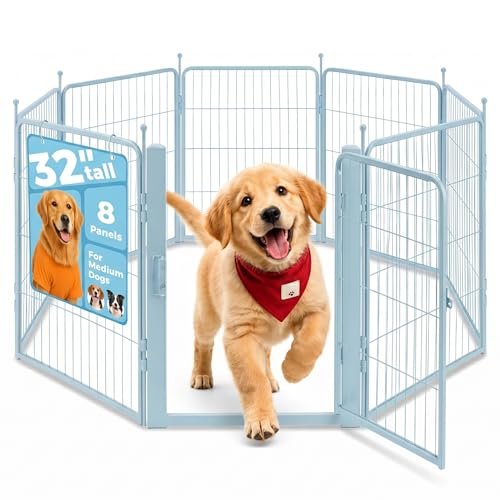 Blue Dog Playpen for Small/Medium Dogs - 32 inch 8 Panels Heavy Duty Metal Puppy Fence Outdoor Indoor with Door, Anti-Rust Foldable Puppy Pen Pet Enclosure, Portable Exercise Kennel for Camping, Yard by FREEPET - Used condition - US$81.59