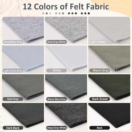Image of XSEINO 12 Rolls 8 inchx35 inch(20.5x90cm) 1.4mm Thick Soft Felt Fabric Sheet 12 Assorted Black White Gray Series Colors Felt Pack for DIY Craft Sewing Squares Nonwoven Patchwork