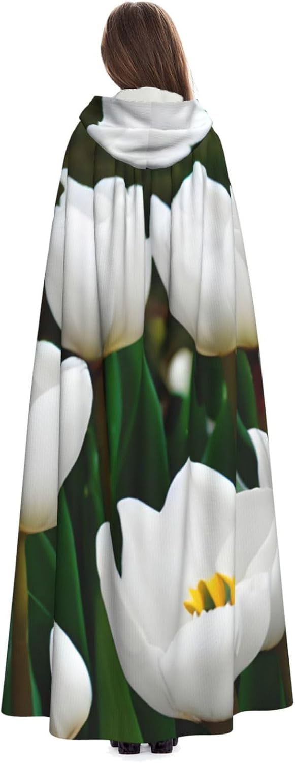 White Tulips Flower print Halloween Hooded Robe Cloak for Adult Men Women Wizard Vampire Knight Fancy Cape Costume