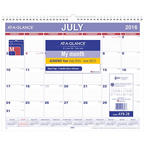 AT-A-GLANCE Academic Year Monthly Wall Calendar, July 2016 - June 2017, 14-7/8