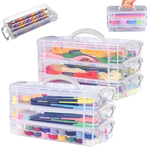 Exquilnova 2PCS 3 Tier Clear Pencil Case Stackable Pencil Box with Snap Tight Lid Plastic Pen Storage for Craft Storage Portable Pen Organiser for School Home Office(Transparent Gray)
