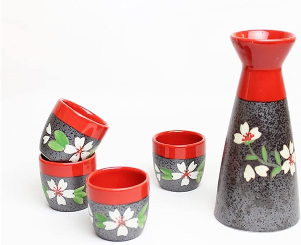 Traditional Sake Set,Wine Set Japanese Sake Set Ceramic Flagon Wine Pot with Drinking Cup Wine Glasses Bar Set,Red,1 Set