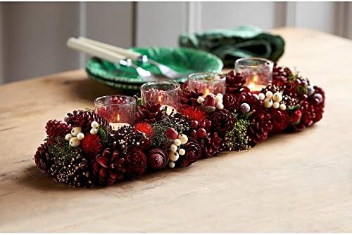Candle Tealight Holder 4 Votive Floral Christmas Home Dining Room Decoration Table Centrepiece Pine Cone Berries