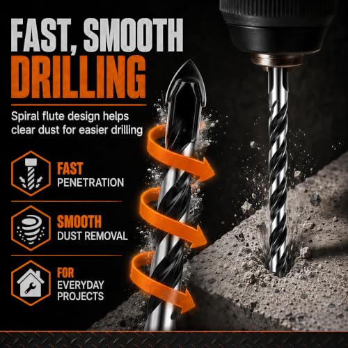 Image of 12-Piece Masonry Drill Bit Set & Concrete Drill Bit Set, 7 Sizes, 1 /8 inch-1 /2 inch | Carbide Drill Bits for Tile, Ceramic, Glass, Cement & Brick, Bath & Kitchen, Dual U-Groove, 3-Flat Shank, Standard Drill Fit