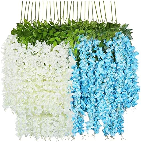 AIBAOBAO Artificial Flowers Wisteria 12PCS, Fake Flowers Vine Garland, Hanging Trailing Plants Bush String Flower for Wedding, Party, Ceremony, Home, Garden, Outdoor, Indoor Decoration (White)