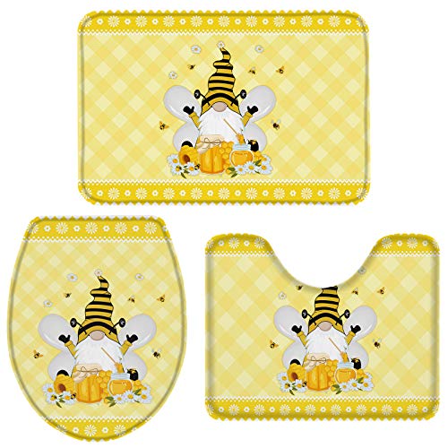 3 Pieces Bathroom Rug Set Cute Bee Gnome Sweet Honey White Daisy Yellow Buffalo Check Plaid Durable Soft Bath Mats Set With Contour Rug Toilet Lid Cover For Shower/ Bathtub, 18"X30"+14"X18"+15"X18" #TOP2