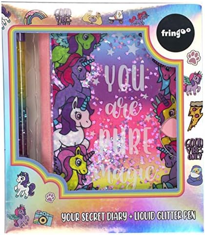 Fringoo - Glitter Notebooks - Pure Magic, Unicorn Book - Notebook with Lock - Writing Book - A5 Journal with Heart Padlock, Stickers and Liquid Glitter Pen - Birthday Gifts for Girls