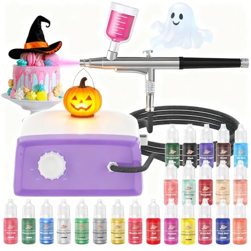 Cake Decorating Kit with 24 Food Coloring, 2025 Upgraded Cookie Decorating Kit with Suction Cups, Dual Action Stepless Speed Airbrush Decorating Kit with Compressor, Food Airbrush Set for Cake, Dessert