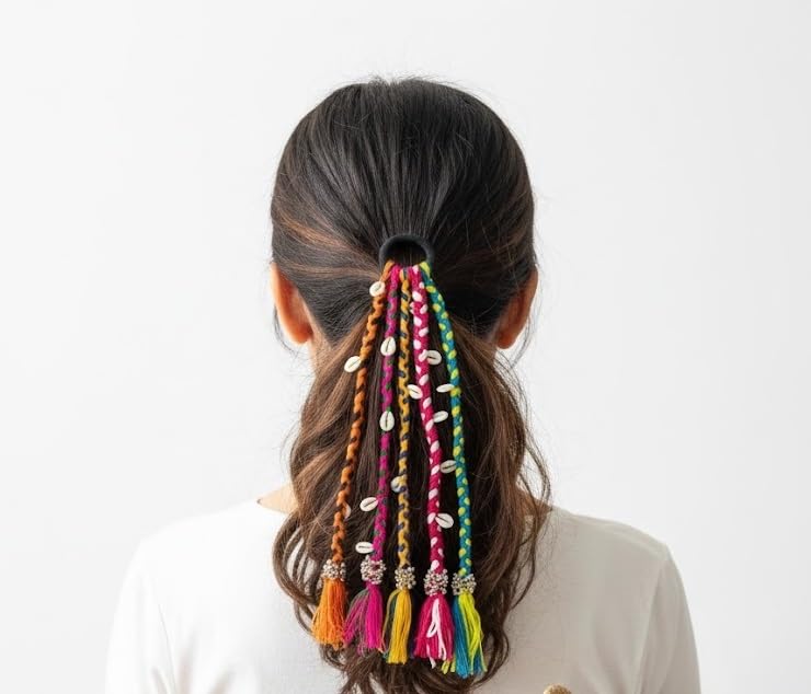 GLOSSYPLUS Navratri Look Hair Braids with Rubber Bands Girl and Women, Hair Accessory for Everyday Style & Rainbow Color Braids Extensions | Boho Chic Style (Multicolour) 1 PCS-image-38