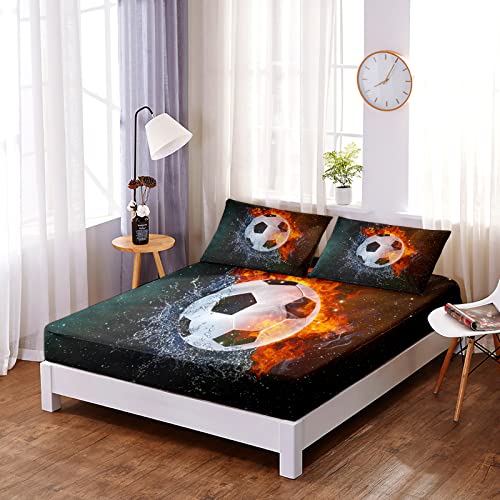 Wajade Soccer Fitted Sheet Set Queen Size 3D Galaxy Soccer Ball Sports Bed Sheet For Boys Girls And Kids 3Pcs (1 Deep Pocket Fitted Sheet+2 Pillowcases) #TOP1