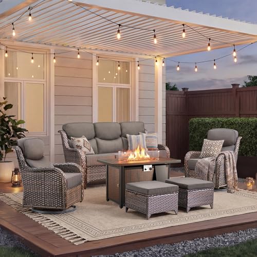 Luxury Patio Furniture Set with Fire Pit Table-6 Pieces All Weather Outdoor Swivel Rocker Chairs with Sofa and Ottomans. Outdoors Patio Conversation Sets for Porch Deck Garden Backyard(Brown/Grey)