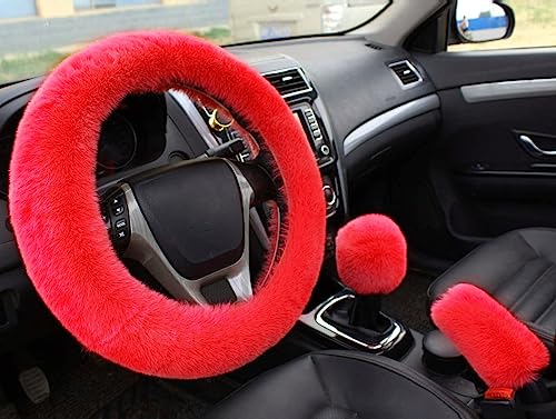Valleycomfy Fashion Steering Wheel Covers for Women/Girls/Ladies Australia Pure Wool 15 Inch 1 Set 3 Pcs, Red