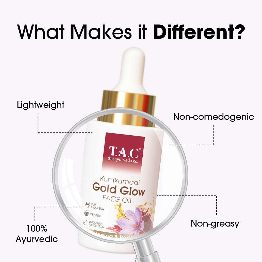 Tac - Ayurveda Company Tac Kumkumadi Gold Glow Face Oil | 100% pure Ayurvedic mixture | Brightens the skin, reduces pigmentation, wrinkles and fine lines. Venomous | Sluggish and for all skin. 20 ml