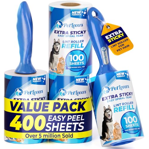 PetLovers Extra Sticky Lint Roller Ultimate Value Set 400 Sheets for Pet Hair Removal, Dog and Cat Lint Remover 4 Pack