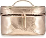 Large Rose Gold Metallic Cosmetic Makeup Train Toiletry Organizer Bag for Travel & Storage, Made of Vegan Leather