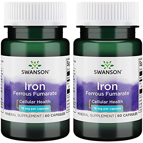 Swanson Iron (Ferrous Fumarate) - Mineral Supplement Promoting Energy Support - High-Concentration Formula Assists In Oxygen Delivery & Fatty Acid Metabolism - (60 Capsules, 18Mg Each) 2 Pack #TOP4