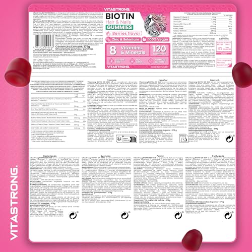 Biotina Complex Vegano Vitastrong, 120 Gommose Per Capelli, Pelle, Unghie Senza Saccarosio, Biotin Alto Dosaggio Con Vitamina C, Vitamina E Antiossidante, Zinco, B6, Folato, Selenio, Iodio - 7