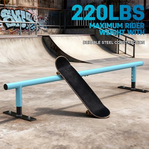 AUH Skateboard Ramp Grind Rail 55 inch Round Skate Rail for for Scooters, Skateboards & Inline Skates, Adjustable Height, Blue