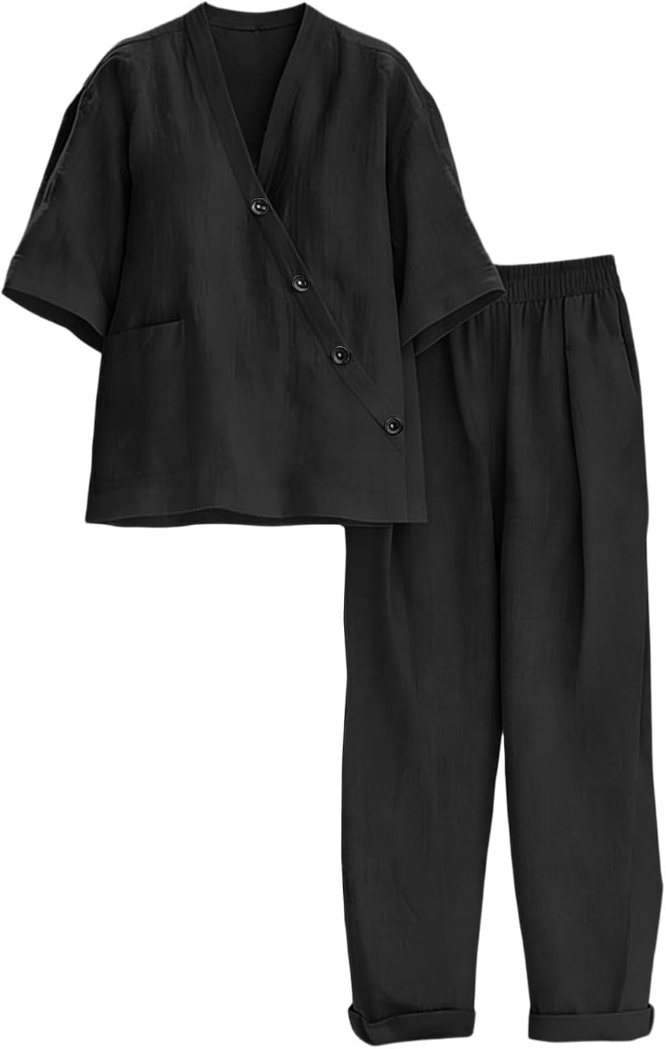 Womens Linen Outfits Summer Casual 2 Piece Sets V Neck Short Sleeve Tops and Wide Leg Pants Beach Vacation Outfits