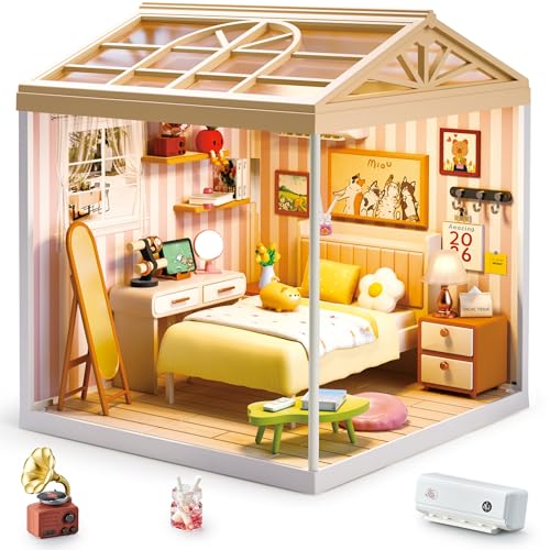 Tkmango Cozy Bedroom DIY Miniature House Kit with Roof & LED Light, Stackable & Connectable Dollhouse Kit with Dustproof Door, Creative DIY Crafts Building Toy Gift for Adults Teens