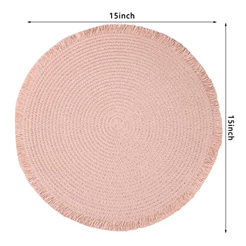 Xmlifee Paper Round Braided Placemats Set Of 6 Woven Heat Resistant Table Mats With Tassel 15 Inch Indoor & Outdoor Table Placemats For Dining Tables (Baby Pink) #TOP4