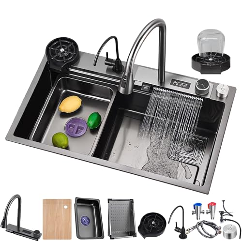 Pia de cozinha multifuncional preto cinzento 80 x 50, lava-louças inteligente moderno de aço inoxidável, lava-louças de cozinha de 1 seno, adequado para cozinha, restaurante (cinzento escuro-A, 75 x