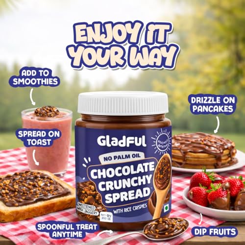 Image of Gladful Chocolate Crunchy Spread | 300g | No Palm Oil | No Refined Sugar | With Crispy Rice | Clean Ingredients | Healthy Chocolatey Spread