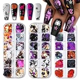 3 Boxes Halloween Nail Art Sequins 3D Holographic Pumpkin Face Spider Ghost Skull Halloween Nail Glitter Sequins Nail Art Supplies Decorations for Women 36 Styles