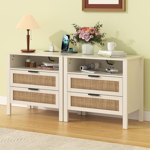 HOMMPA Rattan Night Stand with Charger Station Set of 2, 26'' Wide Boho Nightstand with 2 Drawer, Modern Bedside Table with Plug, Bed Side End Table Dresser with Open Shelf for Bedroom, Beige