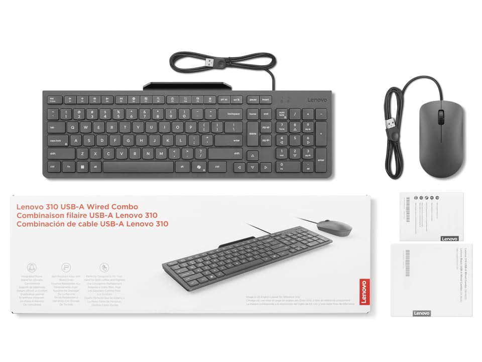 Lenovo 310 USB-A Combo Teclado y Ratón con Cable (Ratón Sensor Óptico Rojo, 2000 dpi, 3 Botones, Scroll, Teclado Resistente a Salpicaduras, Soporte para Móvil, USB-A) QWERTY Español - Gris