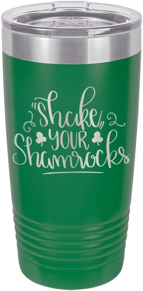 SHAKE YOUR SHAMROCKS Green 20 oz Drink Tumbler With Straw | St. Patrick's Day Drink Cup | Laser Engraved, Stainless Steel, Dishwasher Safe | Compare To Yeti Tumblers | OnlyGifts.com