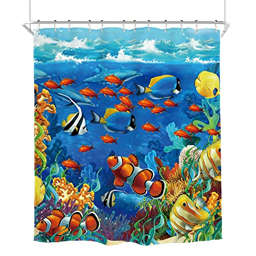 Homewelle Tropical Fish Shower Curtain Kids 72Wx72L Funny Under The Sea Colorful Ocean World Coral Blue Clown Fish Animal Boys Children Waterproof Polyester Fabric Bathroom Bathtub #TOP4
