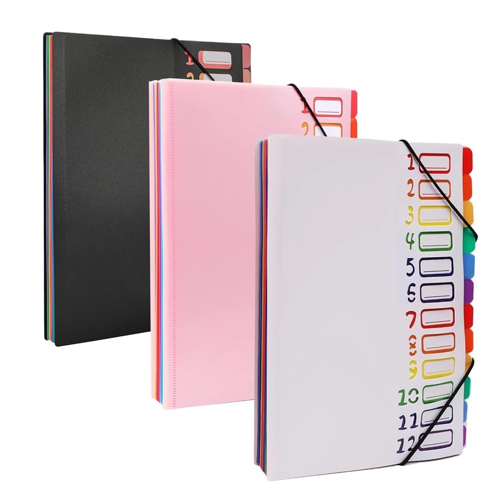 Organizzatore Formato A4 Lettera, Organizer for cartelle espandibili in plastica mensile Resistente con 12 Tasche espandibili per Ufficio(Pink)
