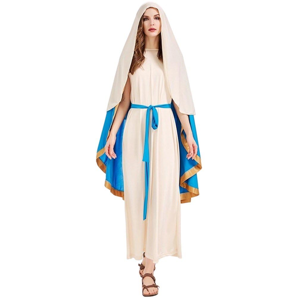 Uzztfa Women's White Adult Virgin Mary Costume, Saint Mary Dress Biblical Christmas Nativity Outfit Costume Set For Easter Halloween Cosplay