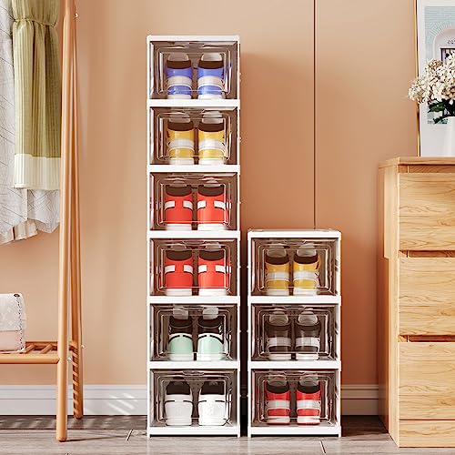Harmon Wandyer Shoe Storage Organizer Box 6-Tier Foldable Collapsible Stackable Shoe Rack Bins, Fit Size 12, No Assembly, for Men and Women