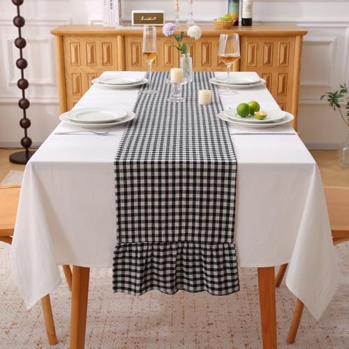 Black White Plaid Gingham Ruffle Table Runner Cabinet Cover 13"x90"