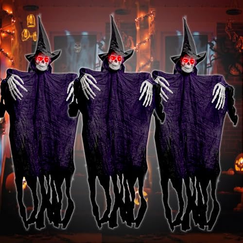 3 Pack Halloween Decor Hanging Witch Skeleton Ghost,41.3" Grim Reapers with Glowing Eyes Outdoor Halloween Decorations, Scary Flying Ghost with Wizard Hat, Patio Porch Skull Prop Haunted House Decor