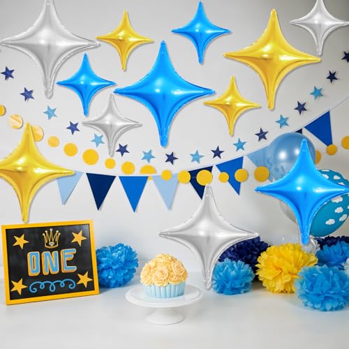 Image of Blue Gold Silver Star Balloons,12Pcs Four Angle Star Foil Balloons | 26Inch and 10Inch Blue Gold Silver Quadrangle Star Helium Balloon for Birthday Graduations Wedding Party Decorations