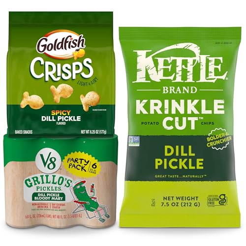 V8 Grillo's Dill Pickle Bloody Mary Mix 6 Pack, Goldfish Dill Pickle Chips 6.25 Oz, Kettle Dill Pickle Chips 7.5 Oz
